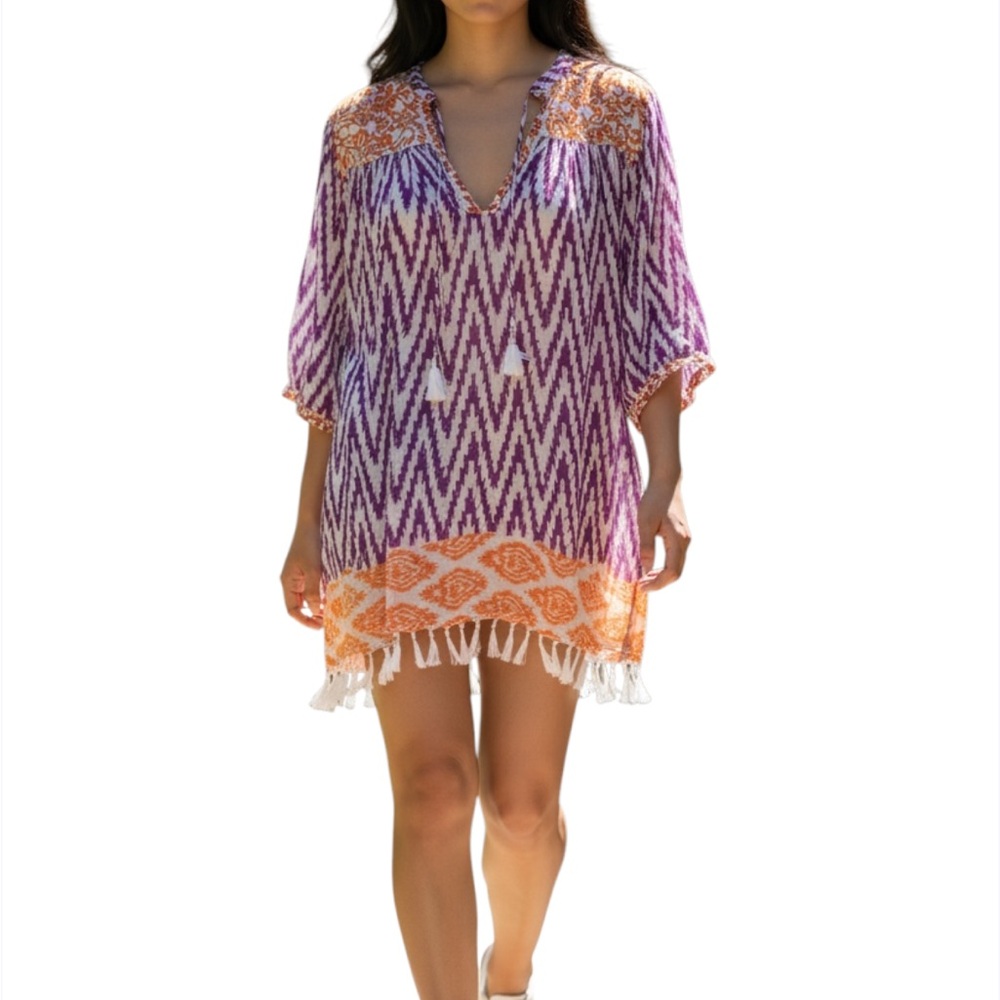 Roberta Roller Rabbit Womens 3/4 Sleeved Tunic Dress Orange Purple Beach Pool